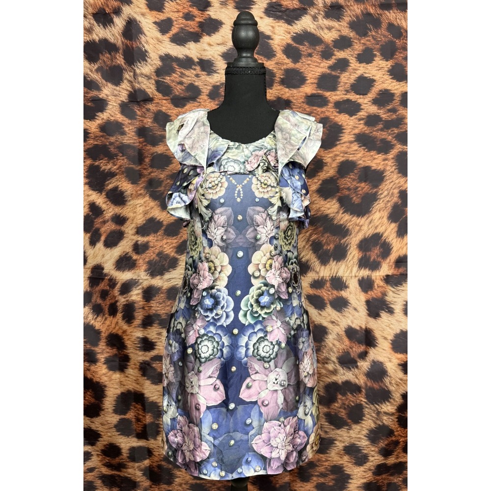 Floral Kaleidoscope Ruffle Mini Dress Blue Purple Rhinestone Embellished